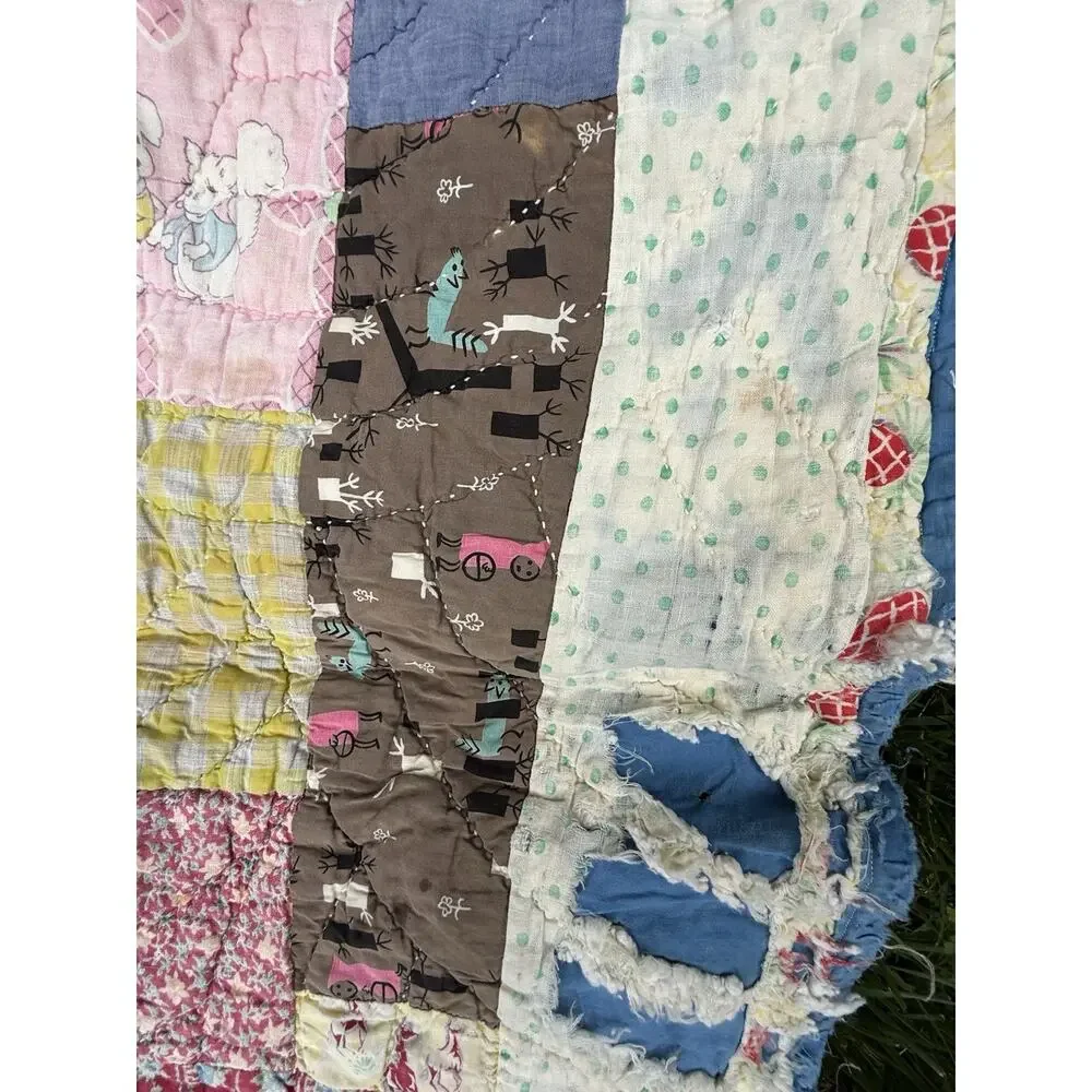 Antique Vtg 1920’s CRAZY QUILT Multi-Color Feed Sack Cowboys 78” **Needs Repair